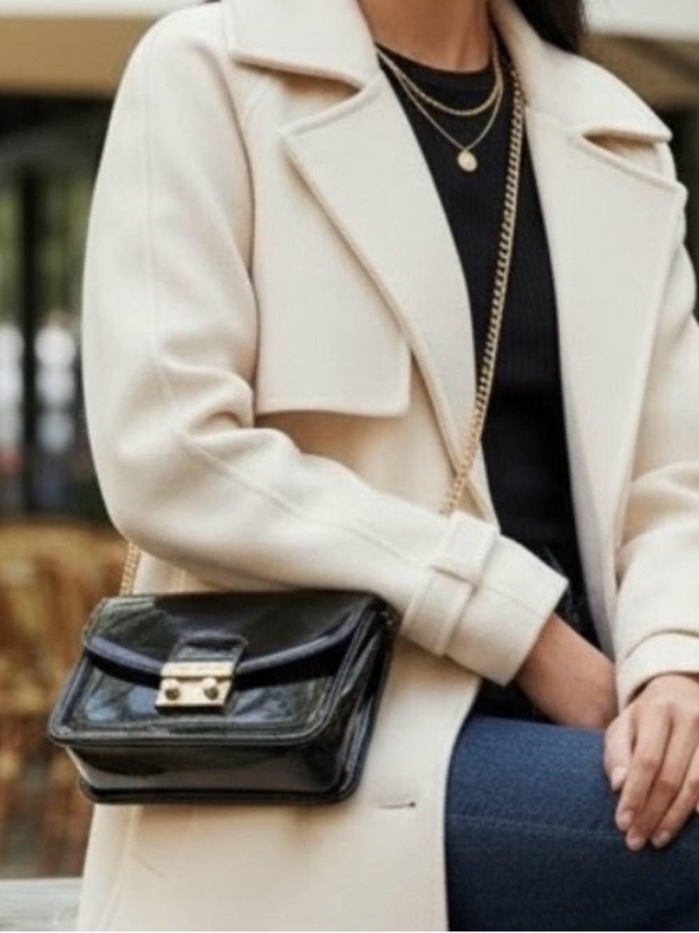 BCBG Generation Milly Black Patent Leather Crossbody with Gold Chain